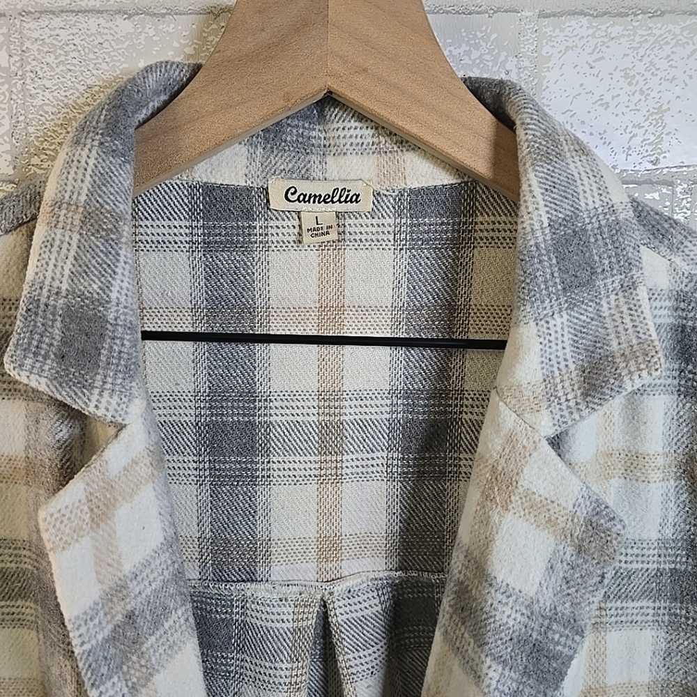 Camellia Open Front Gray Plaid Fleece Overcoat Lightweight Jacket Size L - Picture 3 of 5